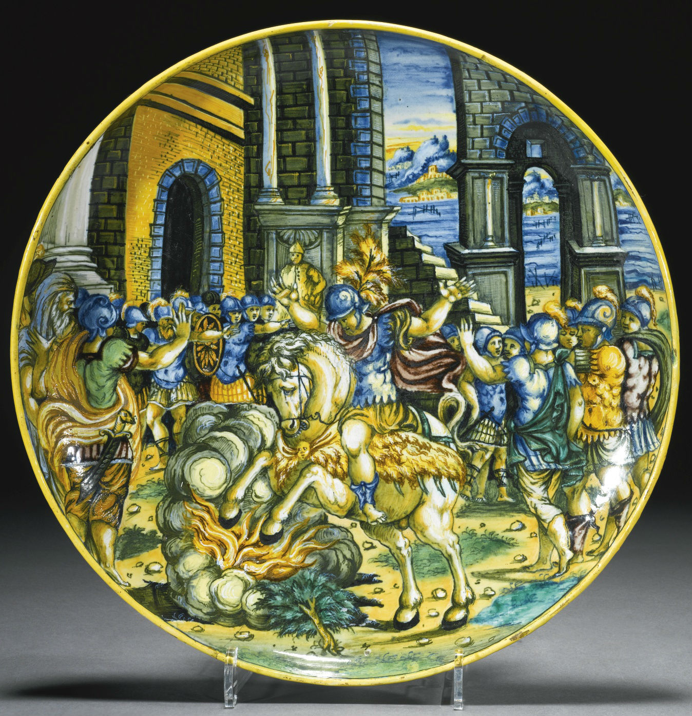 Dish depicting the sacrifice of Marcus Curtius, cr. 1550-60, workshop of Virgiliotto Calamelli, Faenza