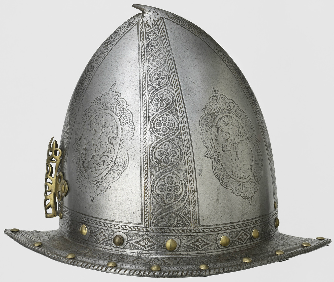 'Spanish' morion with cartouches depicting Marcus Curtius and Mucius Scaevola, cr. 1570-80, Northern Italy, probably Milan