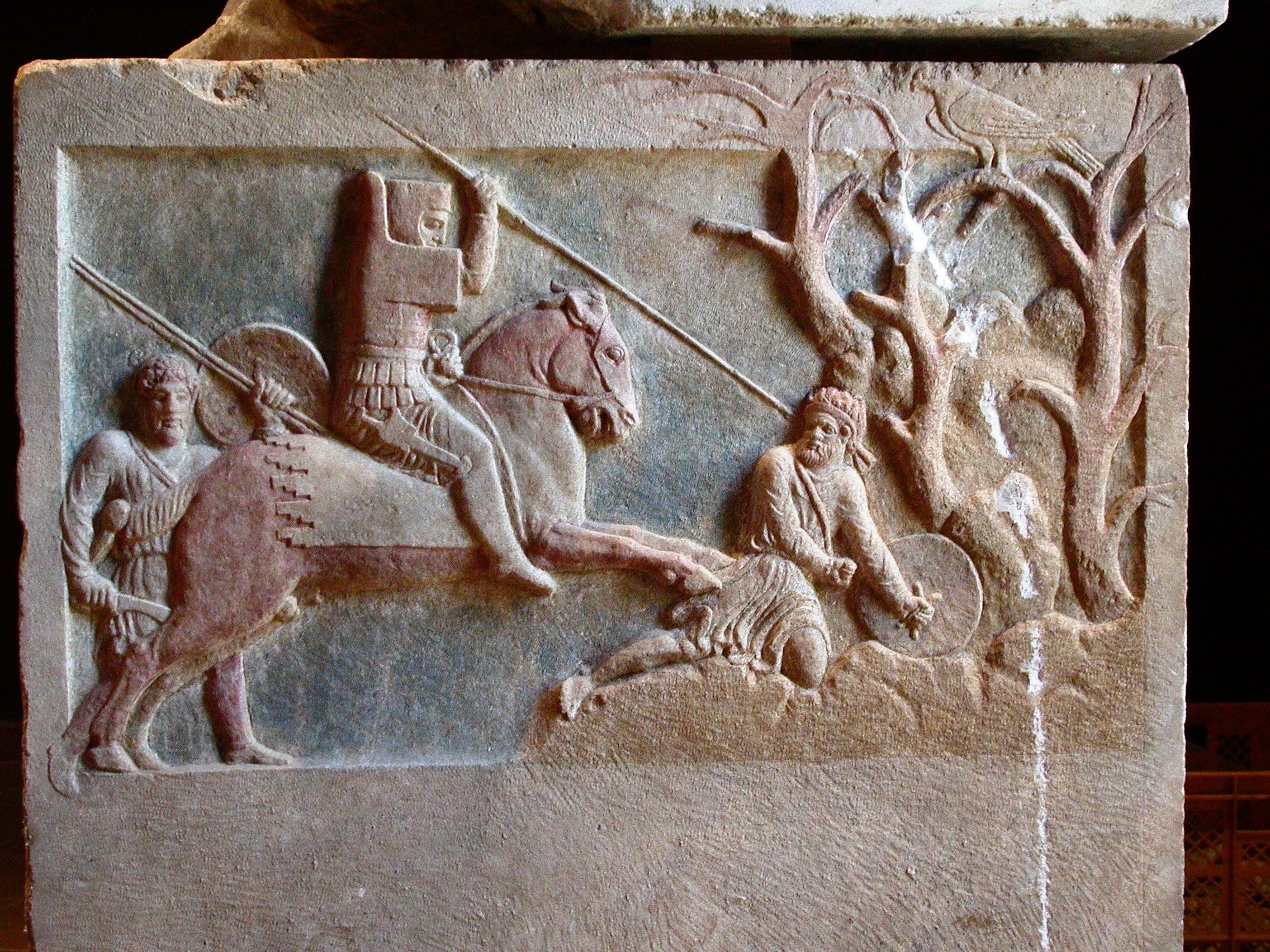 The Çan Sarcophagus, detail of Persian horseman spearing fallen footsoldier, 400-375 BC, village of Altıkulaç, near Çan, modern-day Turkey