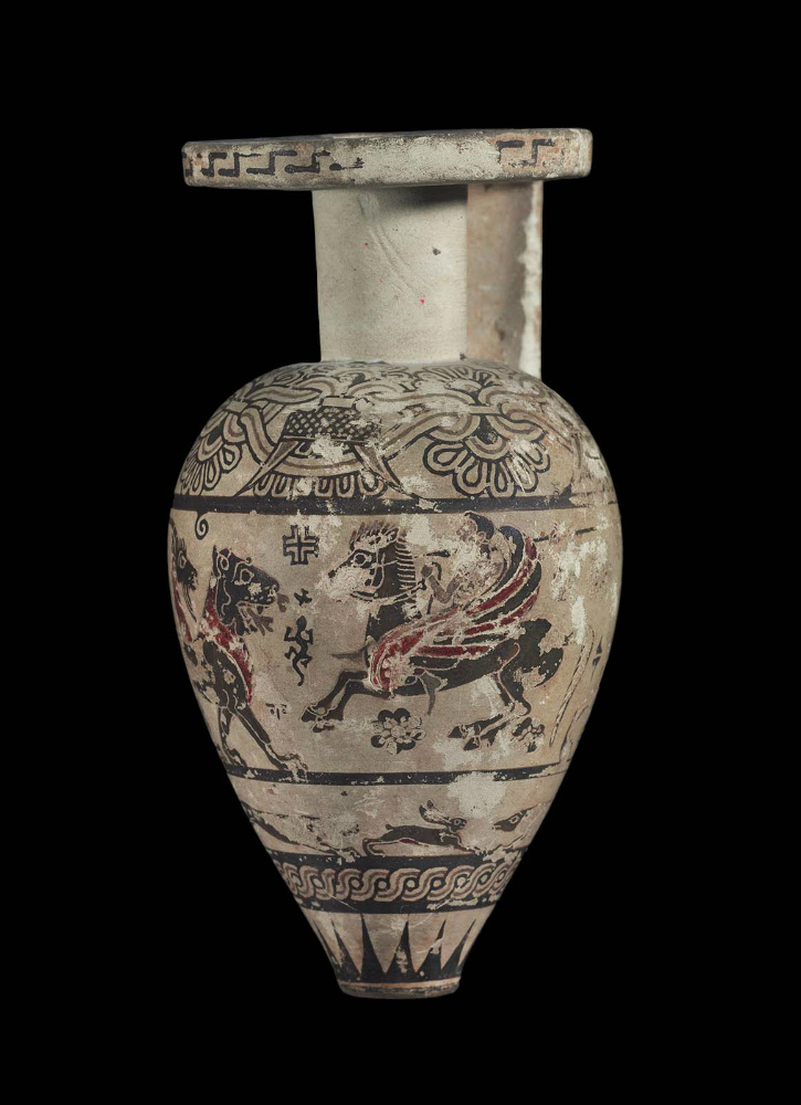 Oil flask (aryballos) with Bellerophon attacking the Chimaera, cr. 650 BC, Corinth, Greece