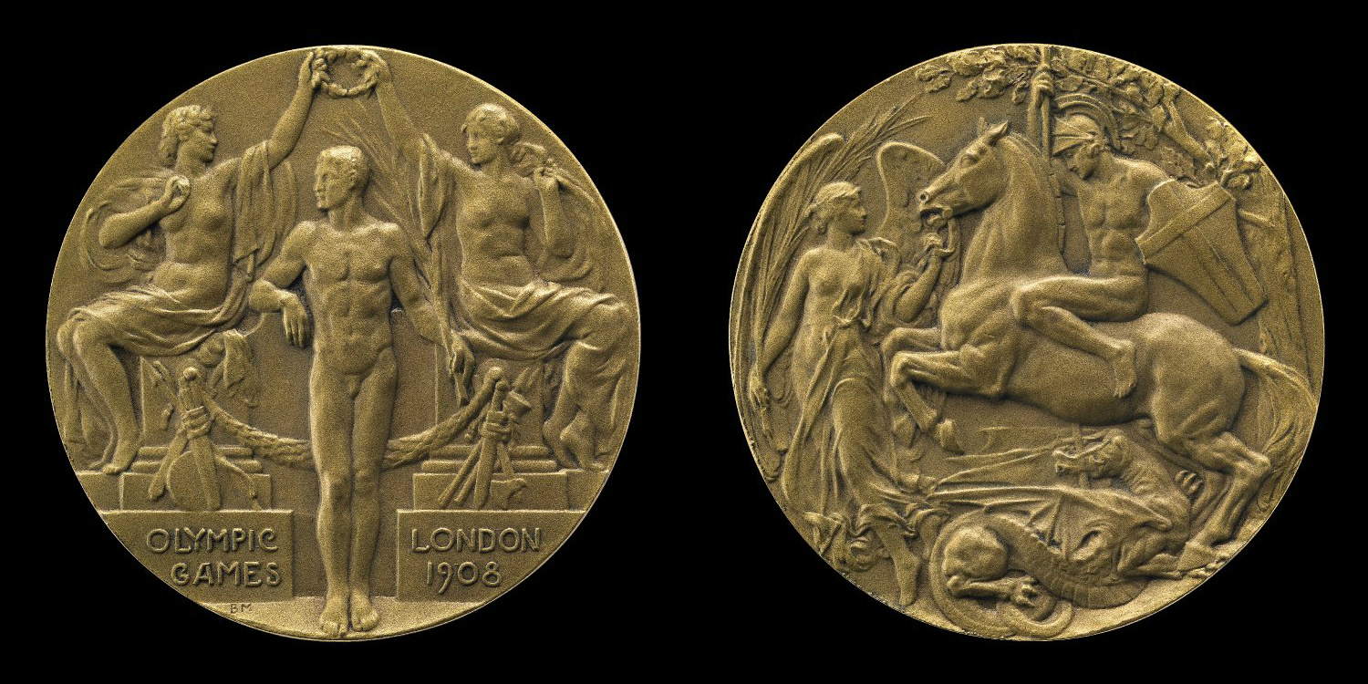 Olympic Games medal showing three classical figures and St George speaking the dragon, 1908, Bertram Mackennal, British Isles