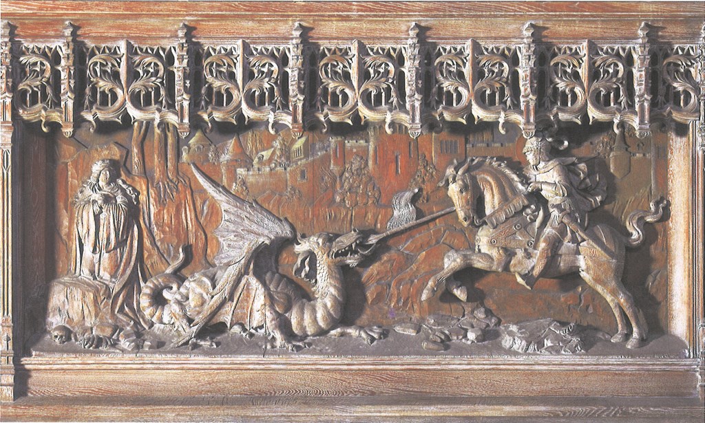 St George and the dragon carved in pale oak, 14th century, Chester, England