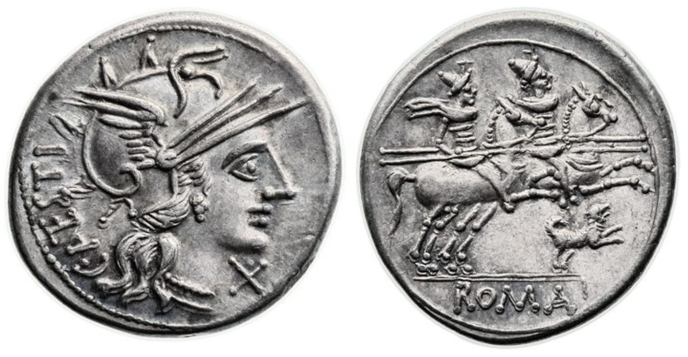 Denarius showing Dioscuri brothers on horseback and a dog on reverse, minted in 146 BC, Roman Republic