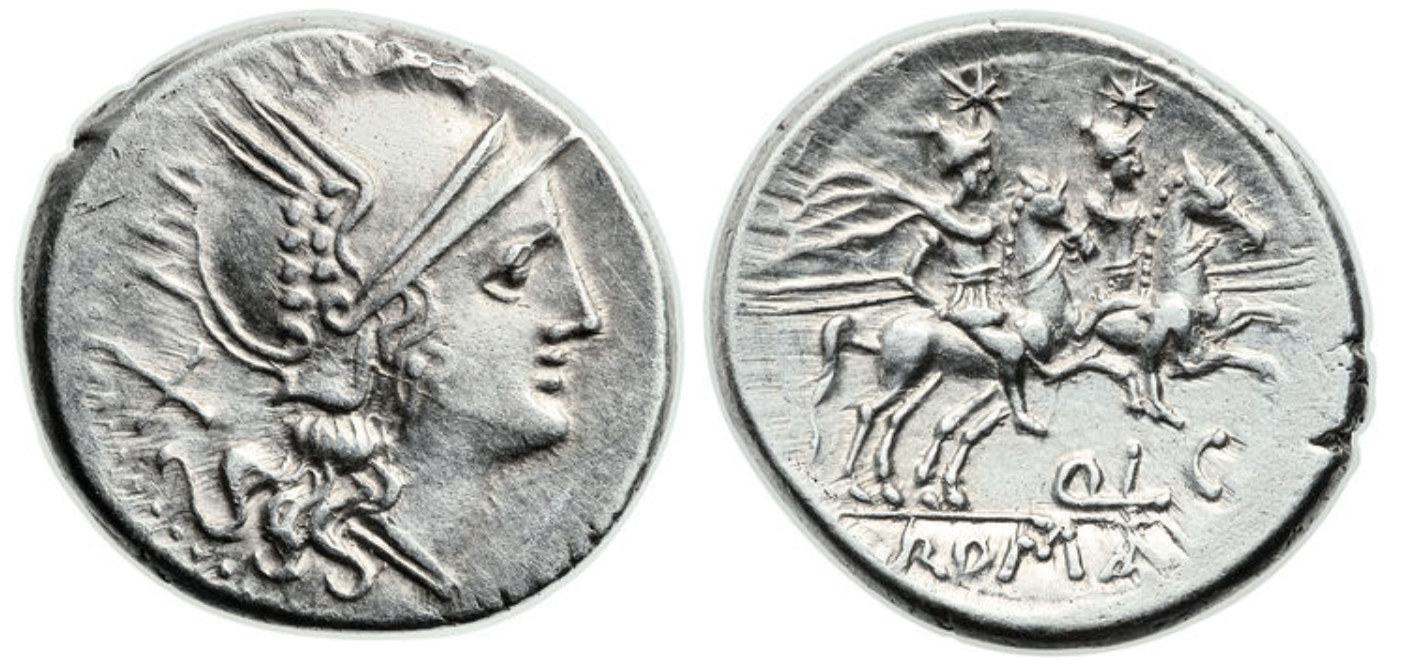 Denarius showing Dioscuri brothers on horseback on reverse, minted in 206 - 200 BC, Roman Republic