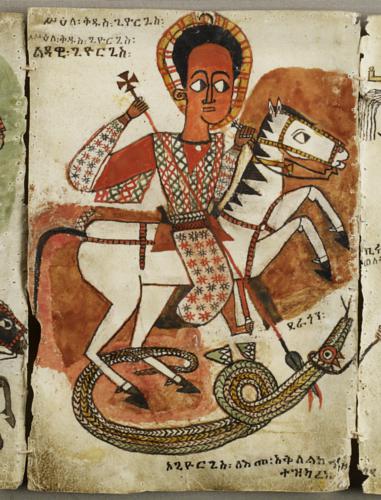Saint George from the ensemble of 44 leaves featuring Ethiopian saints and scenes from the Hebrew Scriptures and New Testament, painting on parchment, late 17th century