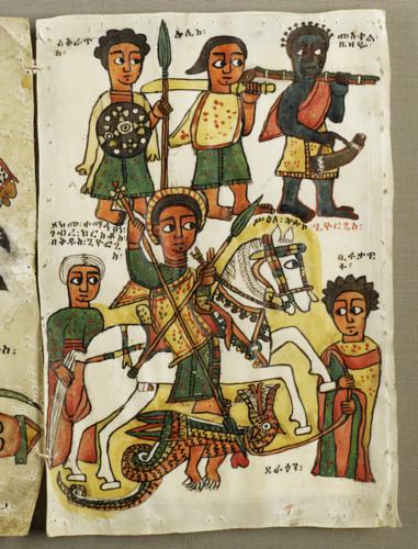Saint George from the ensemble of 44 leaves featuring Ethiopian saints and scenes from the Hebrew Scriptures and New Testament, painting on parchment, late 17th century