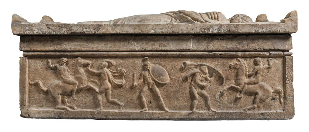 Sarcophagus and lid with husband and wife with two pairs of horsemen and foot soldiers in combat, 350–300 BC, Italian/Etruscan