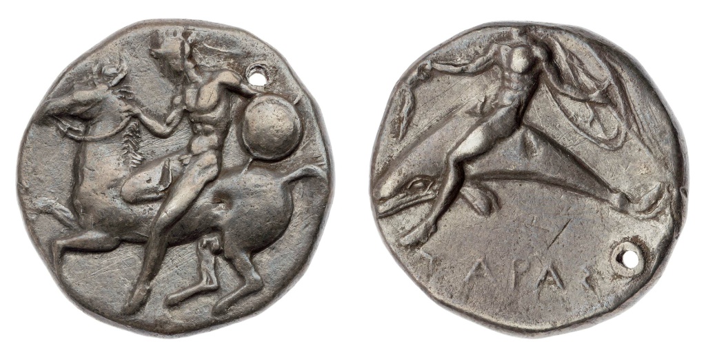 Stater with a rider vaulting from a horse, 420–380 BC, Taras, Apulia