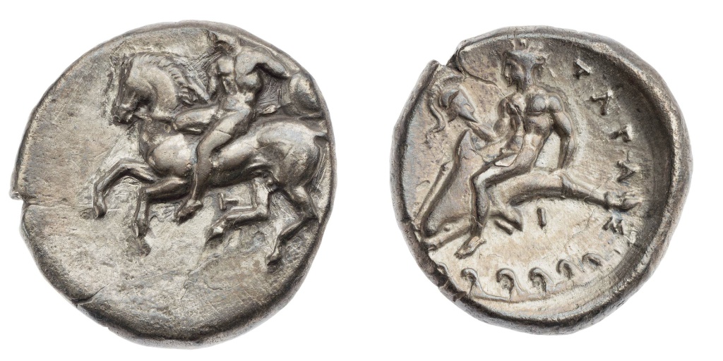 Stater with a rider vaulting from a horse, 380–344 BC, Taras, Apulia