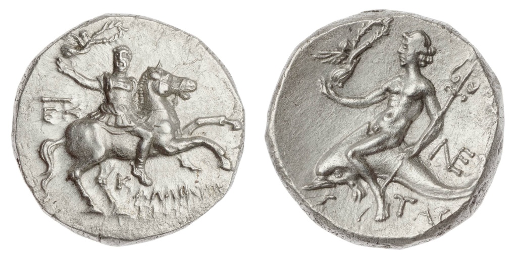 Stater with a warrior on horseback crowned by Victory, struck under Kallikrates, cr. 240–228 BC, Taras, Apulia