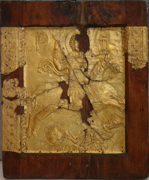 Silver gilt icon of St George with the prostrate figure of Diocletian, ?