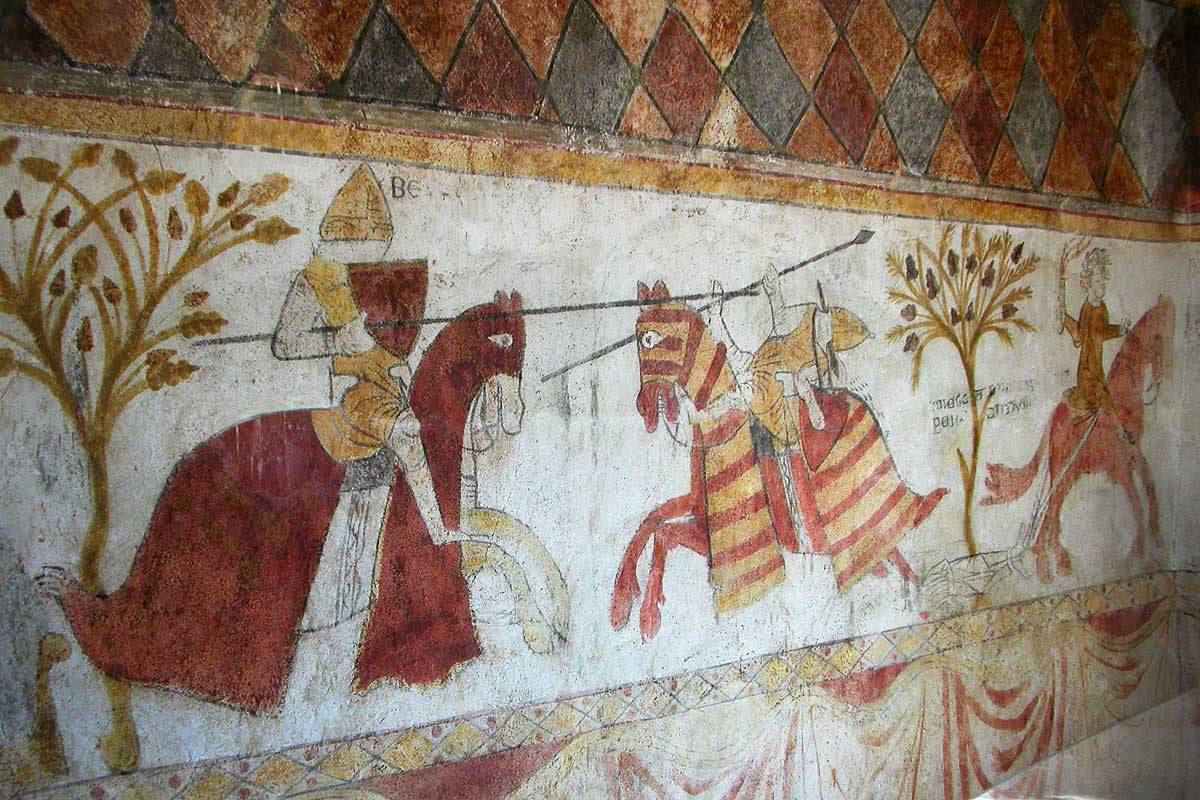 Frescoes illustrating the conquest of the Kingdom of Naples and Sicily by the Count of Provence Charles of Anjou, 13th century, The Ferrande Tower, Pernes-les-Fontaines, Provence, France