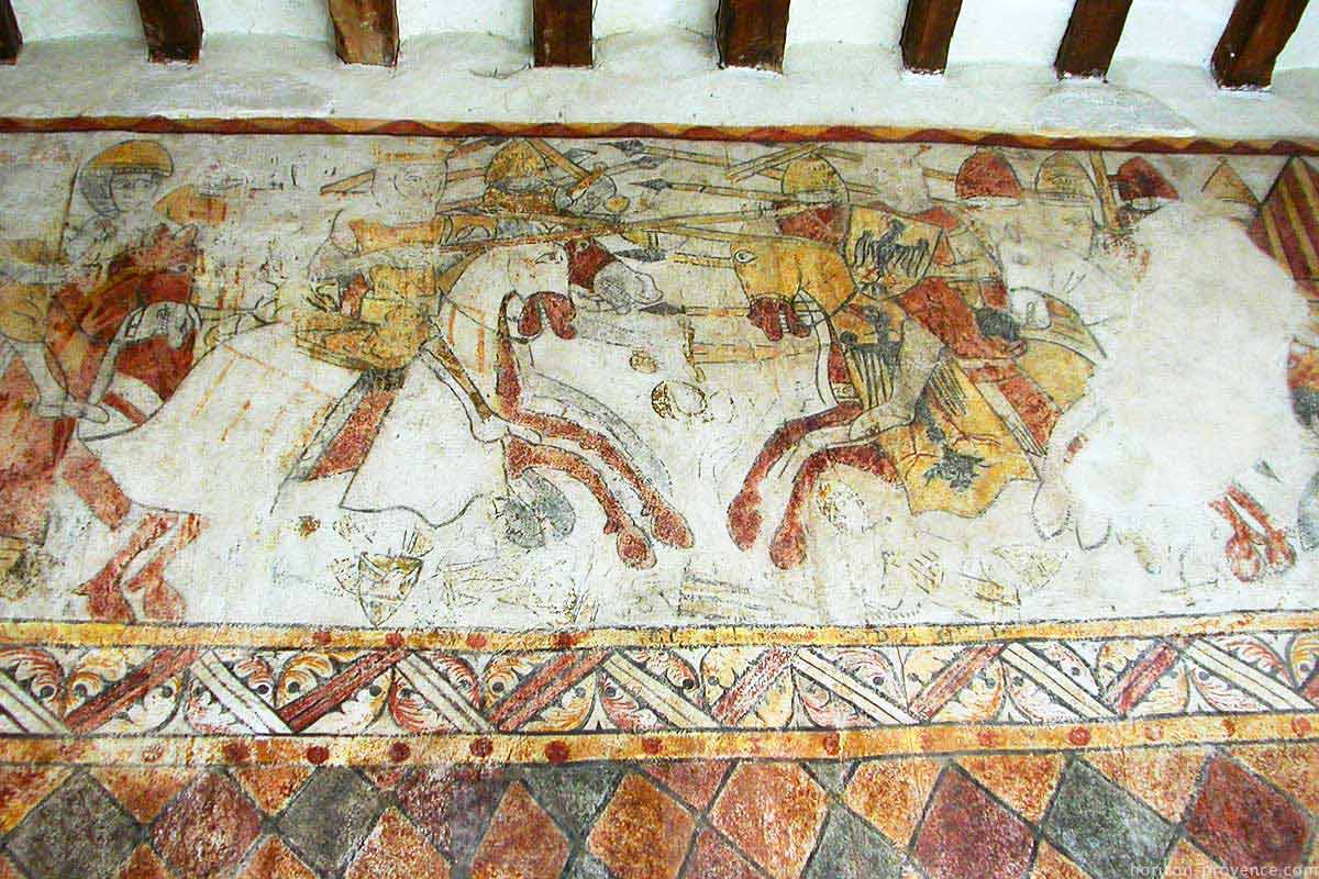 Frescoes illustrating the conquest of the Kingdom of Naples and Sicily by the Count of Provence Charles of Anjou, 13th century, The Ferrande Tower, Pernes-les-Fontaines, Provence, France
