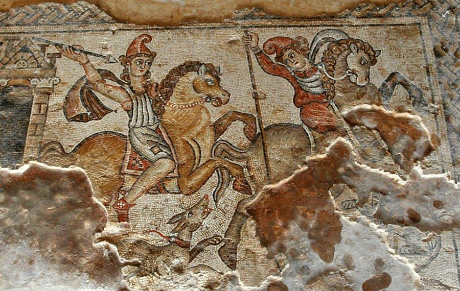Mosaic with a scene of hunting Amazons, 4th or 5th century, Nile House, Tzippori (or Sepphoris, or Zippori) National Park, Palestine (modern Israel)