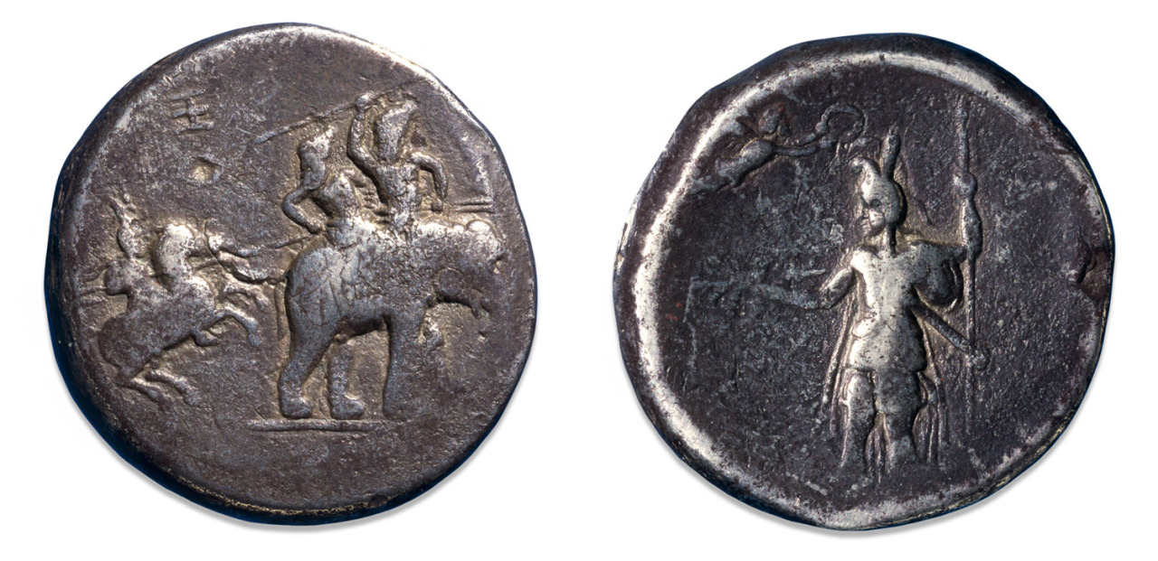 Silver decadrachm of Alexander the Great showing him (?) attacking enemies riding an elephant, cr. 324 BC