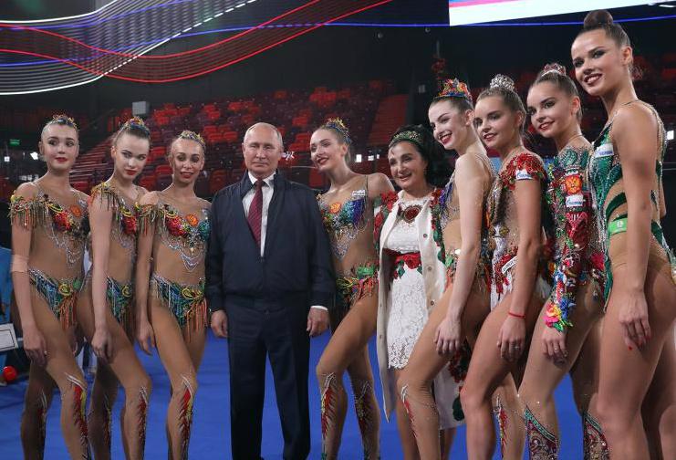 Vladimir Putin and Russian gymnasts, 2019, Moscow, Russia